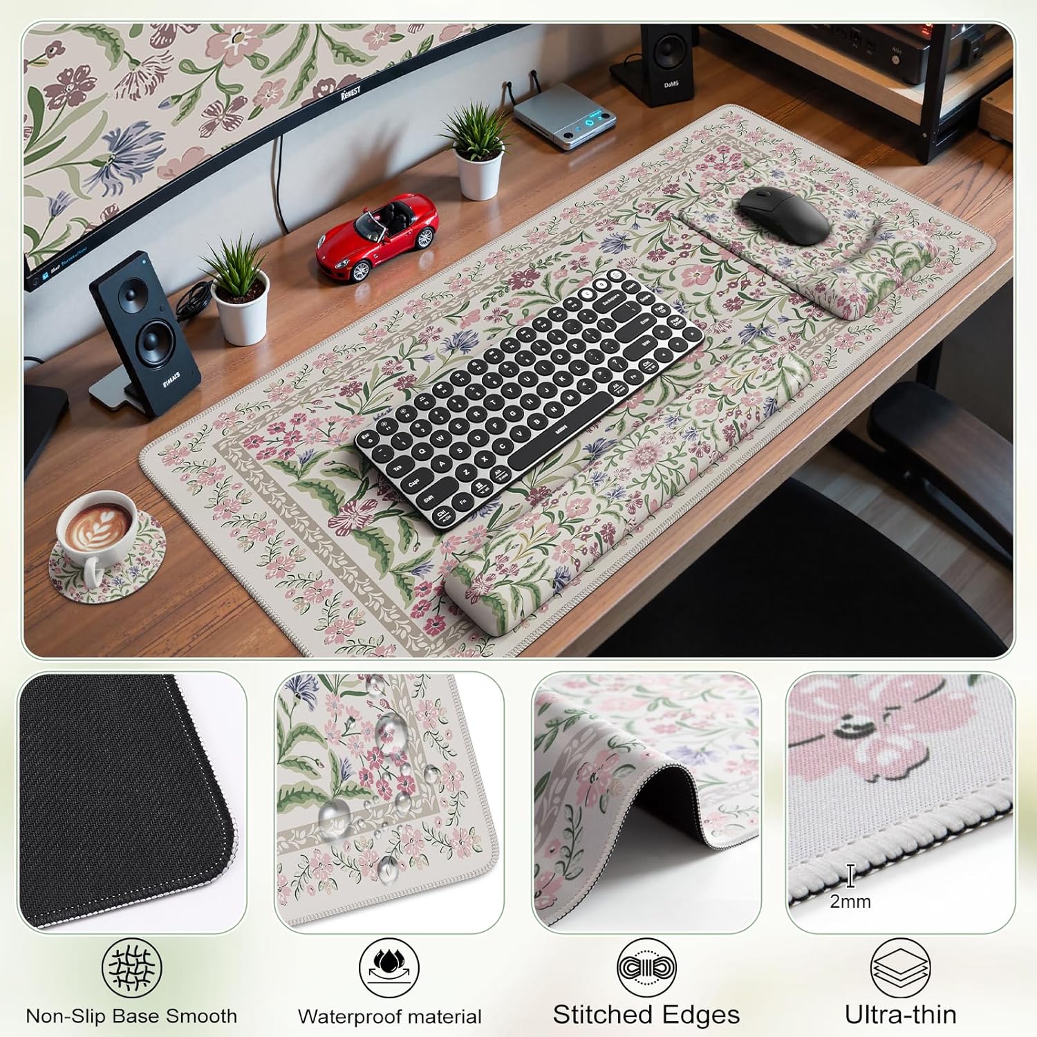 iCasso Mouse Pad with Wrist Rest,Large Desk Mat Set,Ergonomic Keyboard Pad with Wrist Support,Non-Slip Mouse Mat for Women,Cute Floral Computer Mat for Home Office Gaming (Purple)