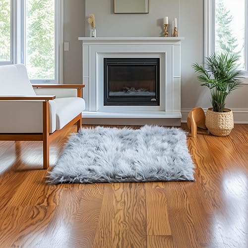 2 x 3 ft Fluffy Gray Rug – Soft Faux Fur Rug for Bedroom, Living Room, or Entryway – Cozy Faux Sheepskin Accent for Home Decor