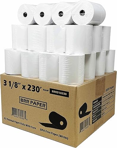 (32 rollos – 55 GSM) 3 1/8 x 230 pulgadas de papel térmico (núcleo de tubo sólido) se adapta a todas las impresoras Clover POS Cash Register, Star