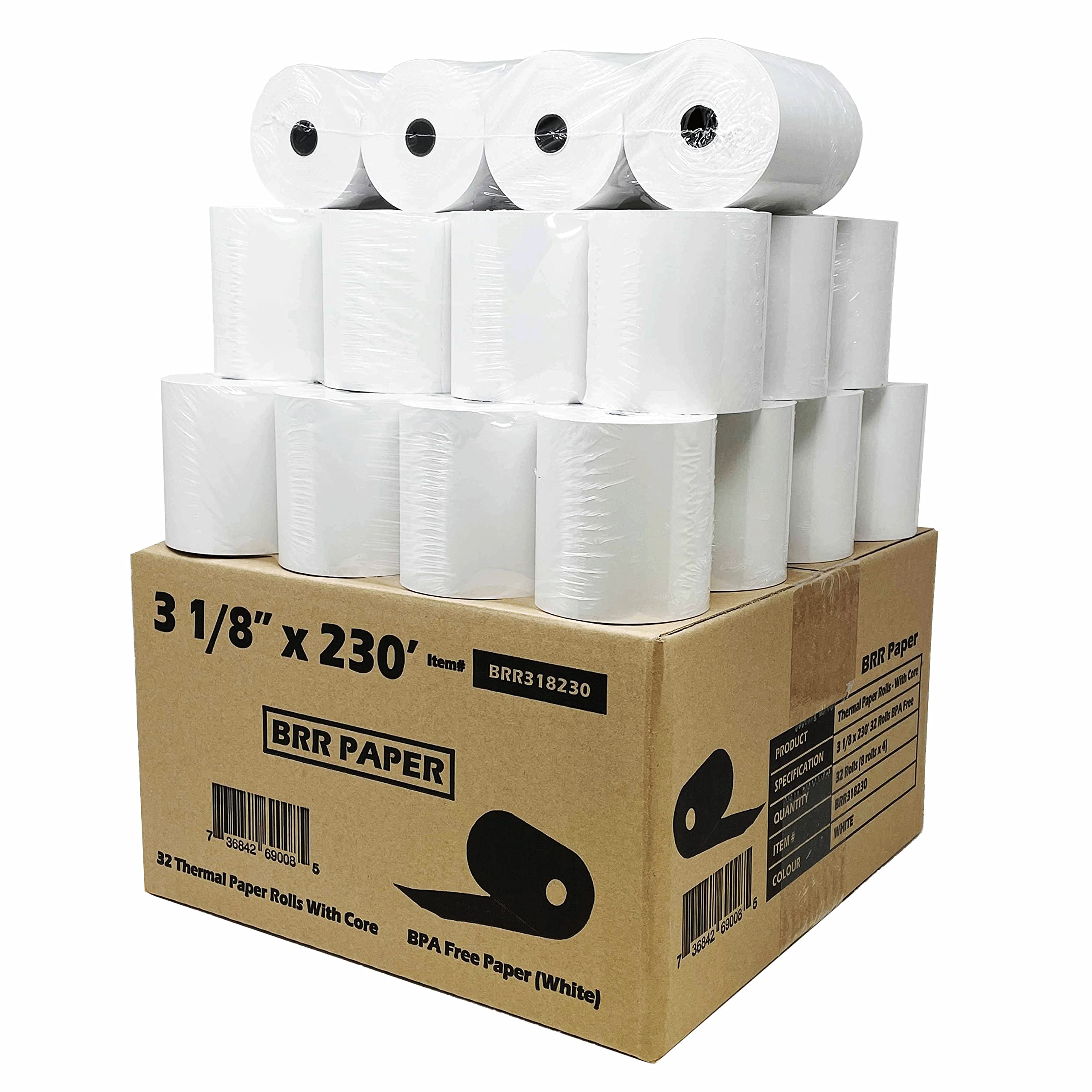 (32 Rollen 55 gm²) 3 18 x 230 Thermopapier Quittungsrollen (Solid Tube Core) passend für alle Clover POS Kassendrucker, Star Micronics SCP700 TSP100 TSP300 TSP400 TSP400 TSP. 500 T. SP600 TSP 700
