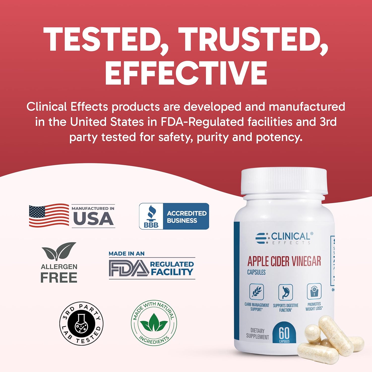 Clinical Effects Apple Cider Vinegar Capsules - 1300mg Pure Apple Cider Vinegar for Weight Management, Heart Health, and Energy Support - 60 Veggie ACV Pills - Made in The USA