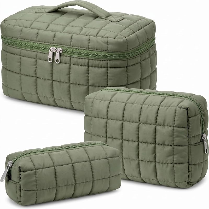 Necessaires de maquiagem Huhumy acolchoadas de algodão xadrez verde, pacote com 3