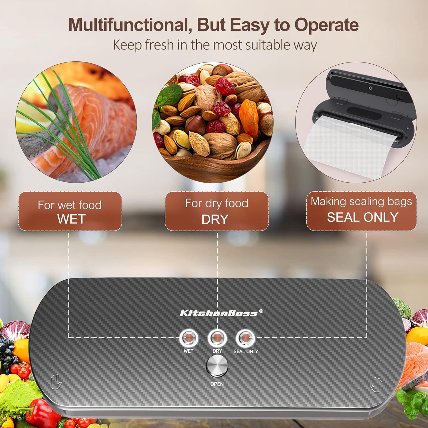 KitchenBoss vacuum sealer showing Wet, Dry, and Seal Only modes for different food types.