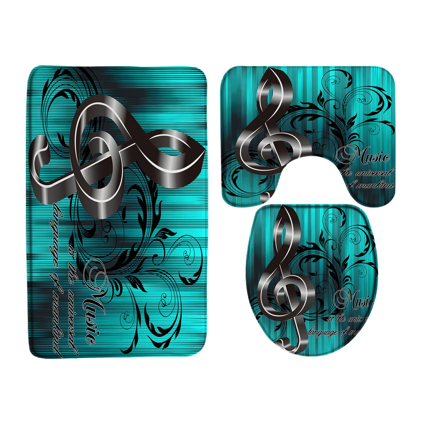 ZNLSU 3 Piece Music Bath Mat Set Modern Abstract Musical Note Floral Creative Art Teal Bathroom Rug Sets,17.8"x29.5"Bath Mat,Toilet Seat Cover,