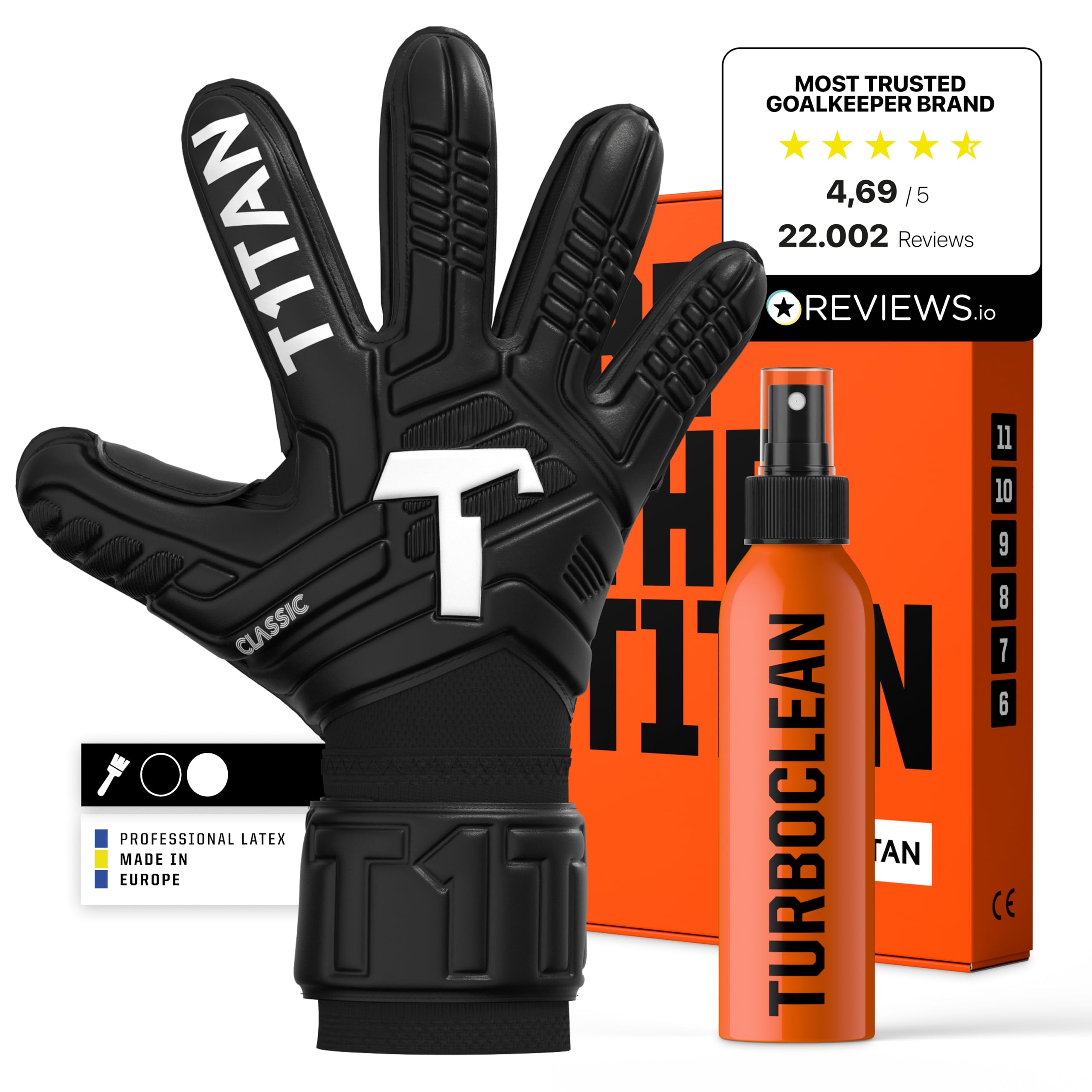 T1TAN Classic 1.0 Black-Out + Turboclean - Goalkeeper gloves and glove cleaner - without finger protection - Football gloves for goalkeepers - Size 6 — image 1
