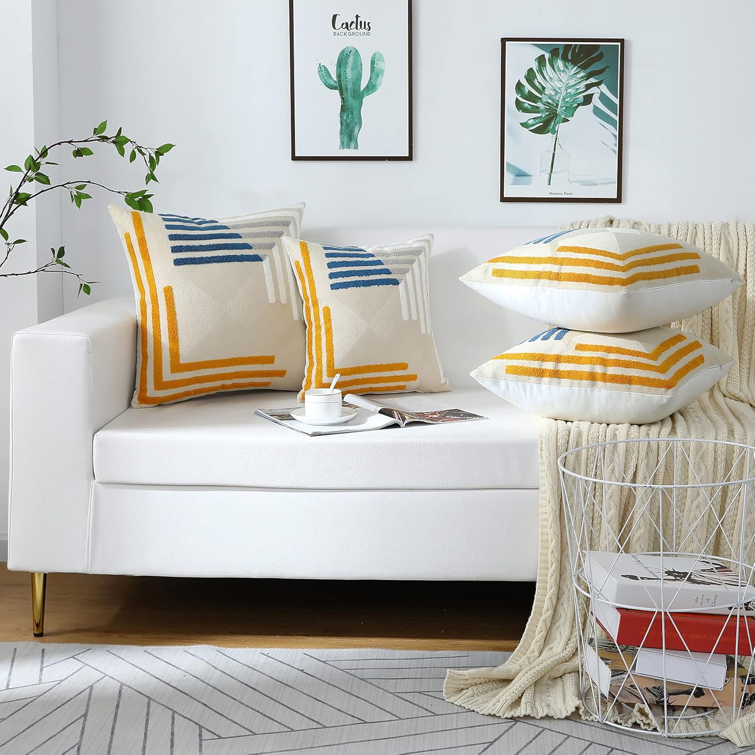 Modern Geometric Embroidered Throw Pillow Covers 18x18 Set of 2 Textured Tufted Patterned Cotton Boho Pillow Covers Spring Decorative for Couch Bed Living Room Outdoor Yellow and Blue