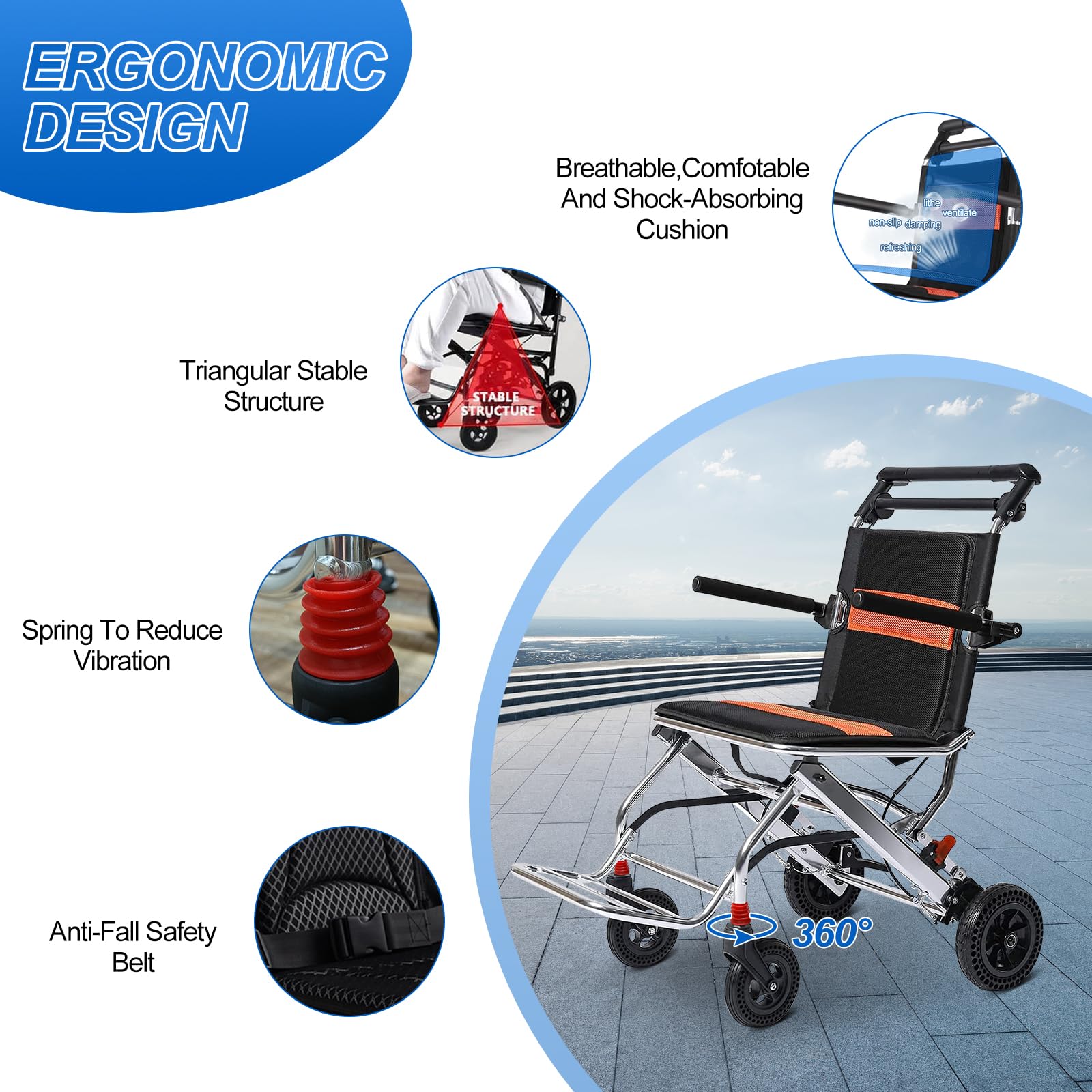 Silla de ruedas plegable ligera, diseño de tránsito portátil, freno de mano, aleación de aluminio, ultraligera para adultos y niños, incluye bolsa de transporte