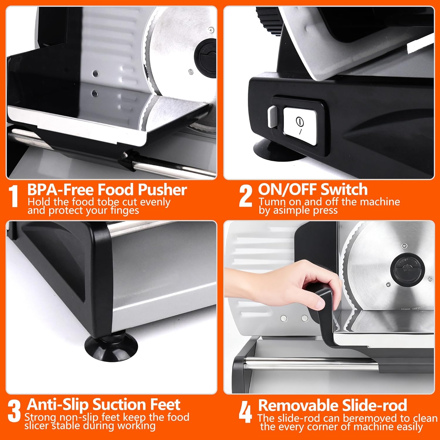 Meat Slicer 200W Electric Deli Food Slicer with 2 Removable 7.5" Stainless Steel Blade, Adjustable Thickness for Home Use, Child Lock Protection, Easy to Clean, Cuts Meat, Bread and Cheese