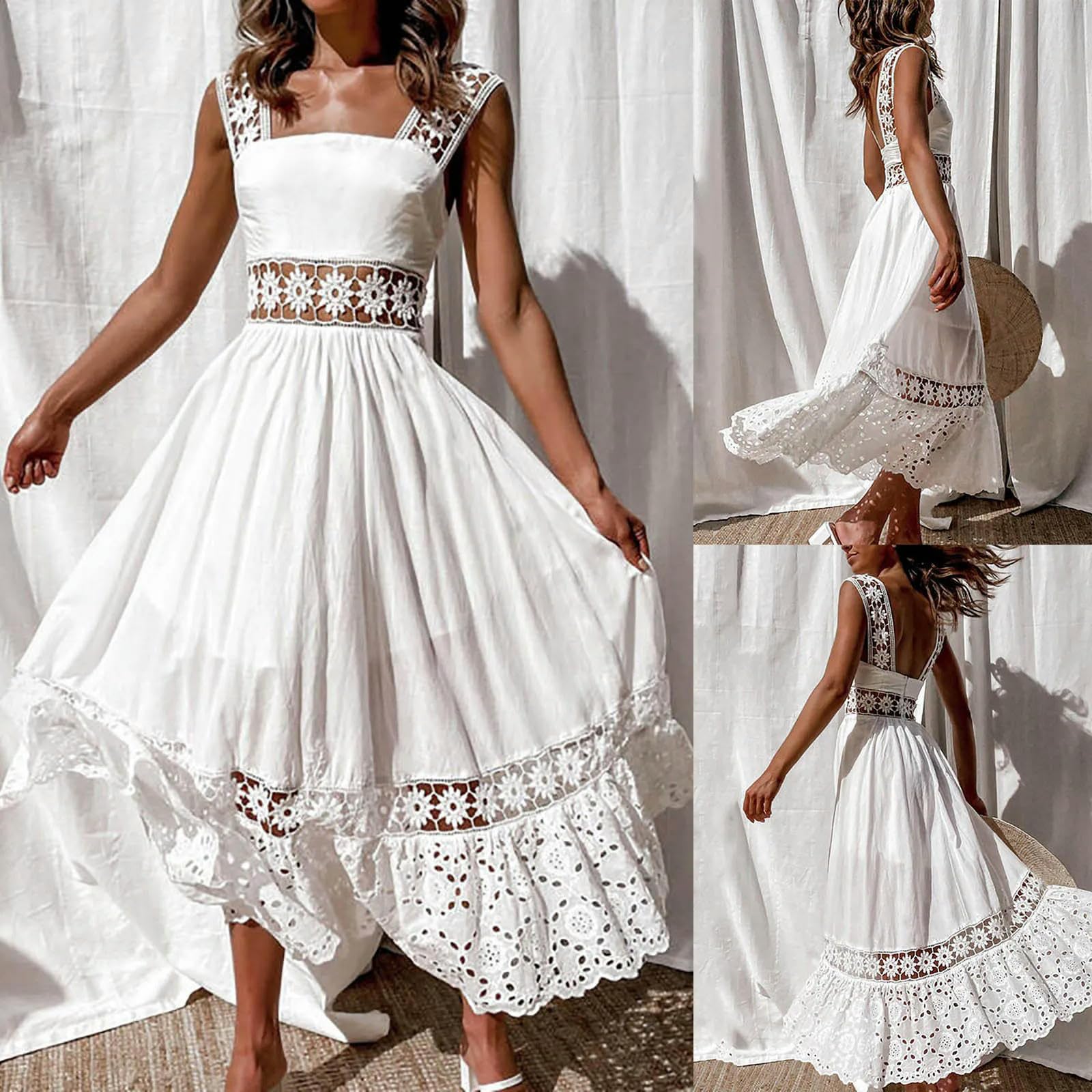 ARESU Dentelle Crochet Évider Robes Blanches Femmes sans Manches Dos Nu Vacances Décontracté Boho Robe Dames Lâche Plage Maxi Robe en Coton-Blanc-M