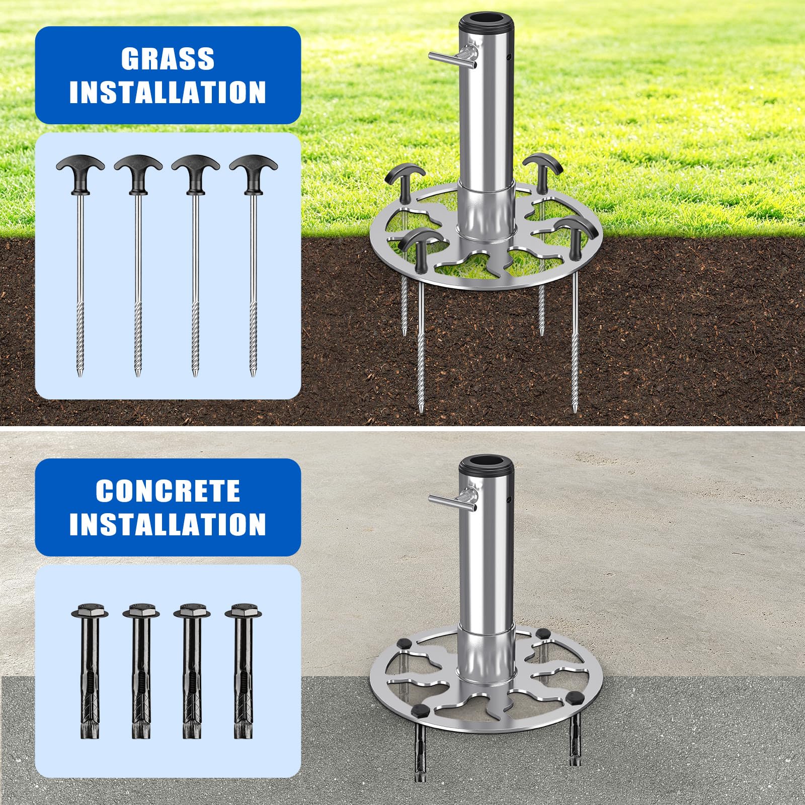 Dolibest Portaombrelli da patio resistente (palo da 1 a 1,9 pollici), base per ombrellone da esterno con picchi/tasselli di espansione, base per ombrellone in acciaio per patio, cortile, erba/cemento