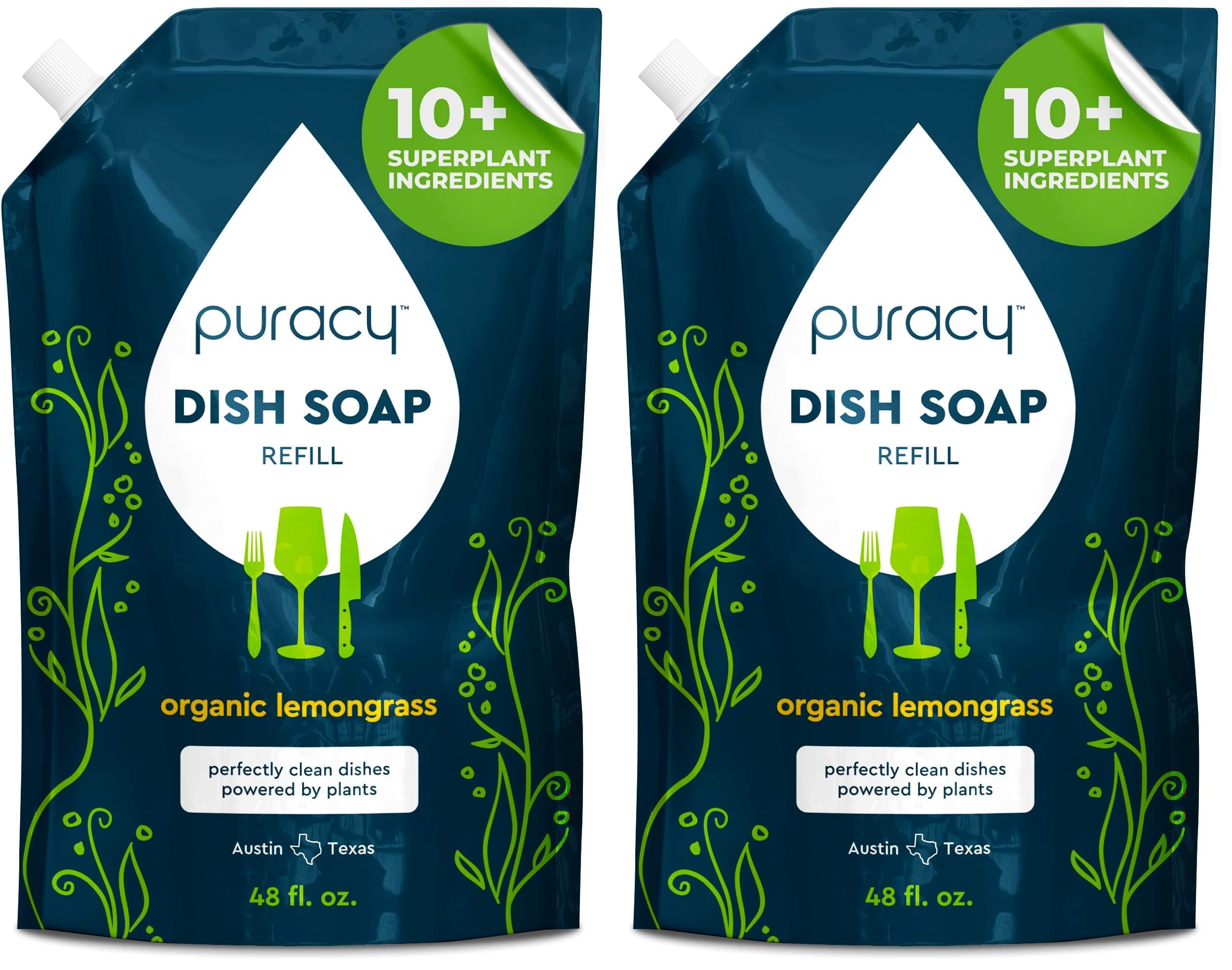 Puracy Natural Dish Soap Refill - Skin-Softening Plant-Based Liquid Dishwashing Detergent Soap, Clean-Rinsing Water-Sheeting Formula (Organic Lemongrass, 48 fl oz) (Pack of 2)