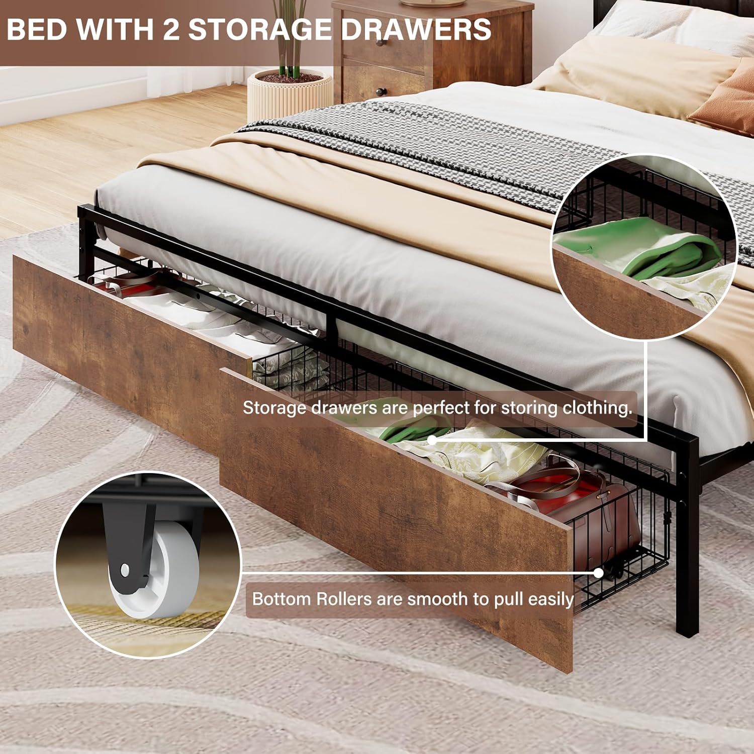 Full Metal Bed Frame with Storage Drawers and LED Headboard