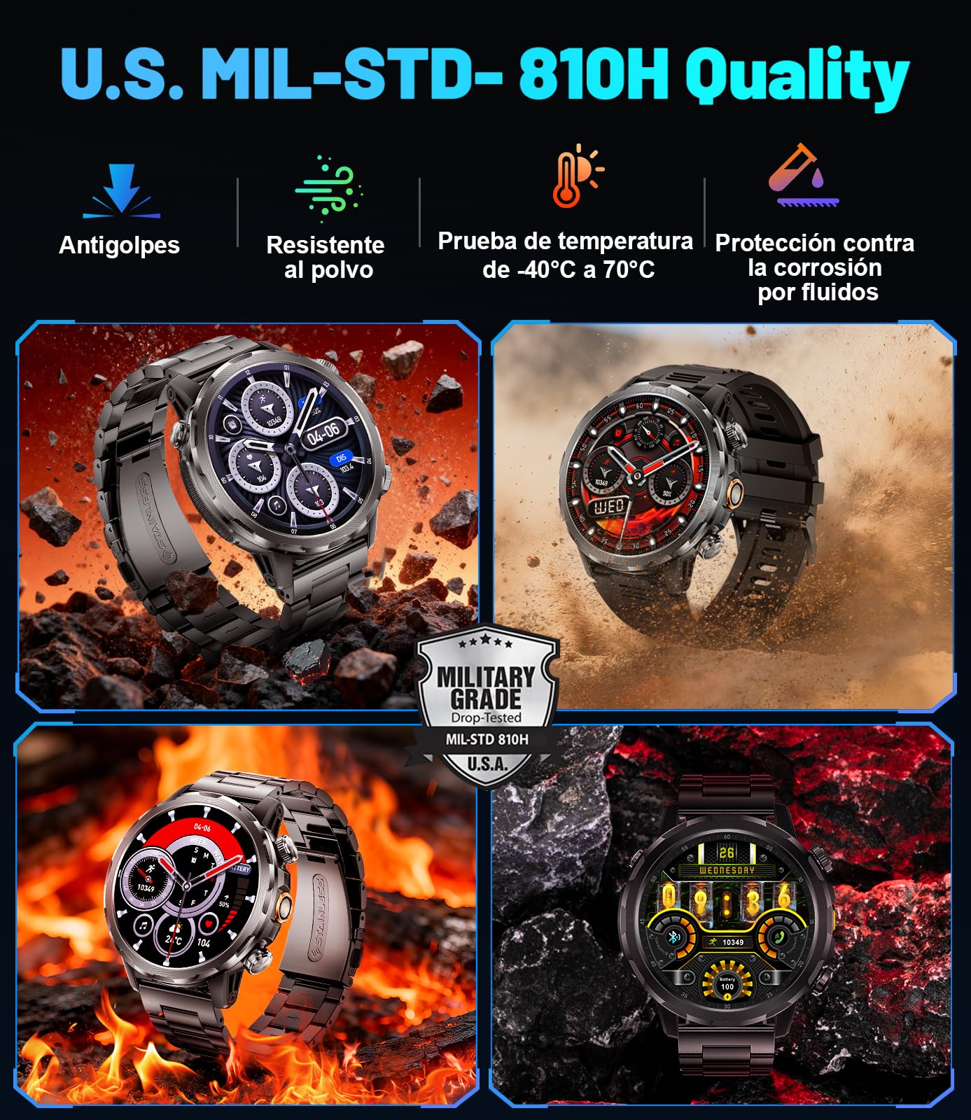 BENYAR Reloj Inteligente Hombre con 1000mAh/Linterna/1.7'' HD Grande Smartwatch Hombre con Llamadas/Doble Carga/IP68 Impermeable/100+ Modos Deportivos/Pulsómetro/Sueño/Pulsera Actividad Android iOS