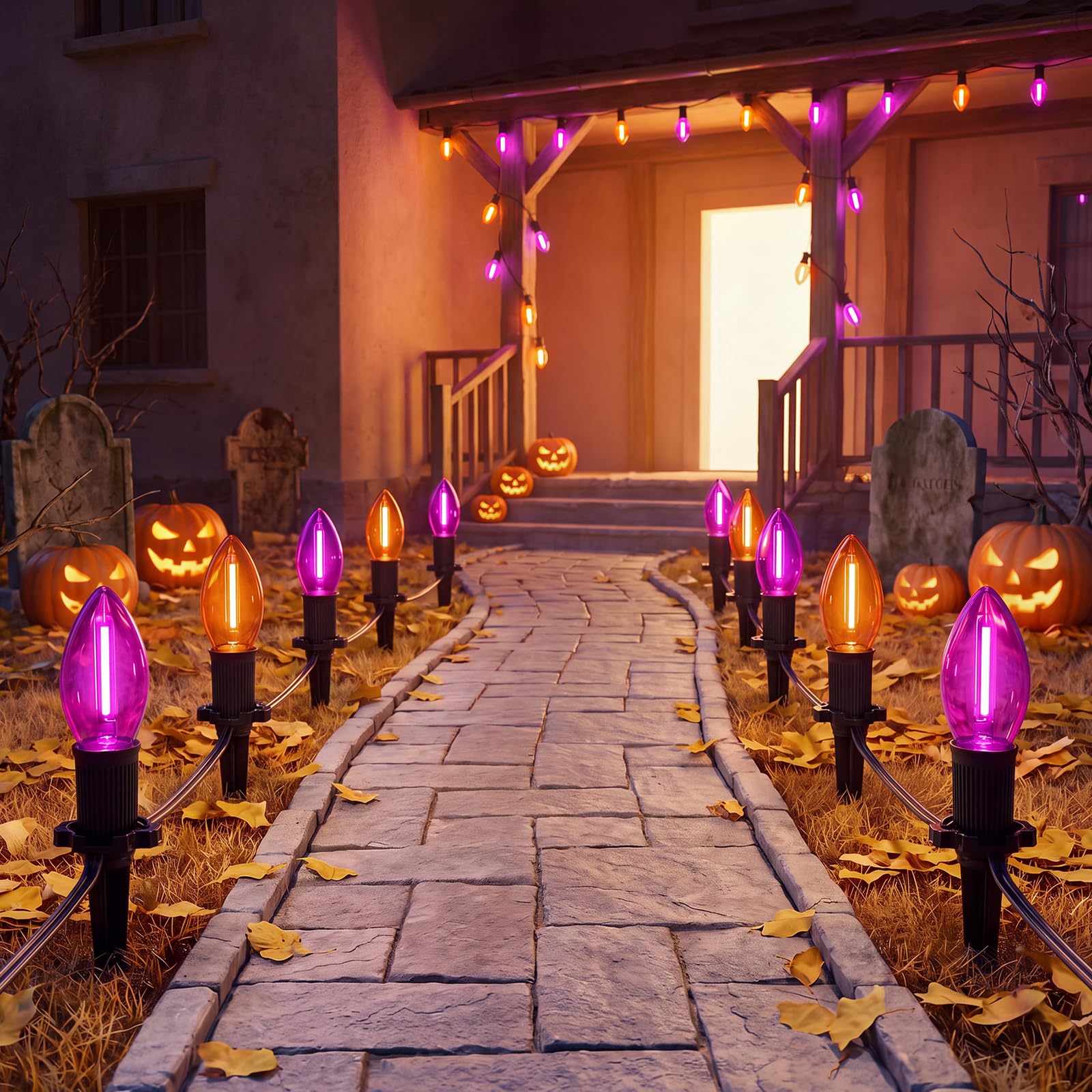 Luces de camino al aire libre – Cadena de luces de 19.5 pies púrpura y naranja con 10 bombillas LED C9 y estacas, conectables, impermeables, perfectas para Halloween, patio, césped, jardín