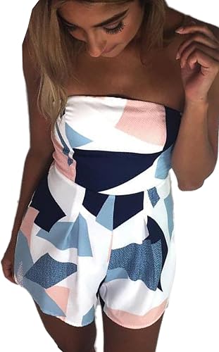 ECOWISH Women Off Shoulder Romper Strapless Floral Print Striped Beach Shorts Ju