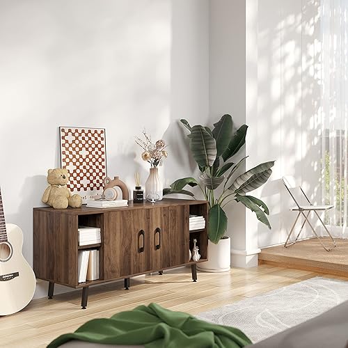 Miniatura 4 de Novilla Moderno soporte de TV industrial para TV de 50 pulgadas, centro de entretenimiento clásico con dos estantes ajustables, mesa consola