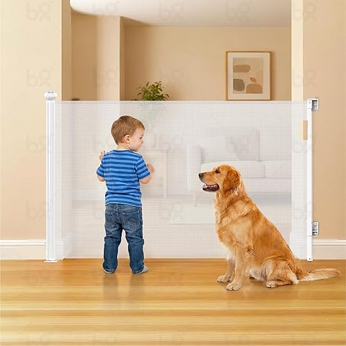 Puerta retráctil para bebé, 35 pulgadas de alto, 55 pulgadas de ancho de malla para perros y bebés, uso en interiores y exteriores, escaleras,