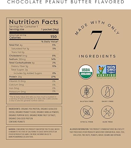 Miniatura 2 de Truvani Proteína vegana de guisantes en polvo  Mantequilla de maní de chocolate  0.71 oz de proteína orgánica a base de plantas  10 paquetes de