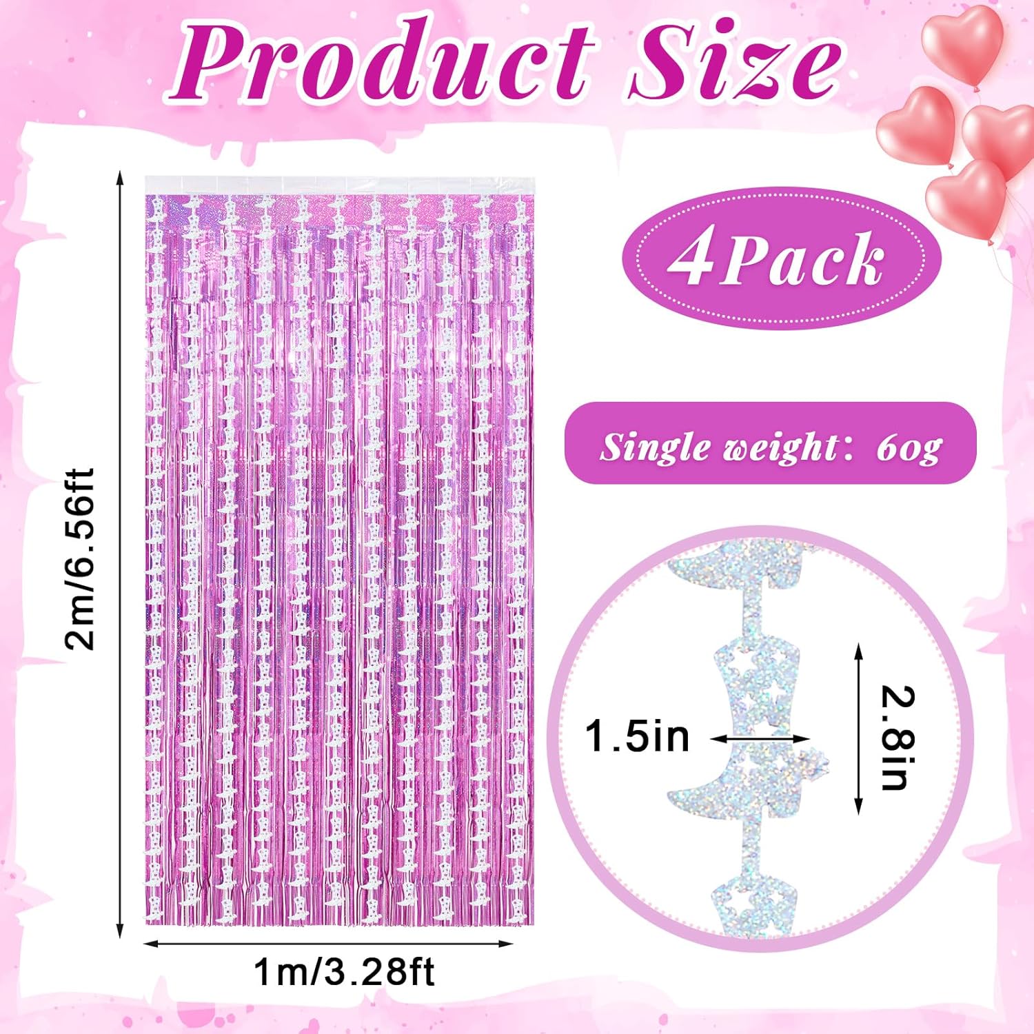 4 Pcs Cowgirl Party Decorations 2 Cowgirl Boot Metallic Tinsel Foil Fringe Curtains 2 Backdrop Curtain for Photo Birthday Bachelorette Wedding Disco Party Booth Decorations(Laser Pink) - Image 2