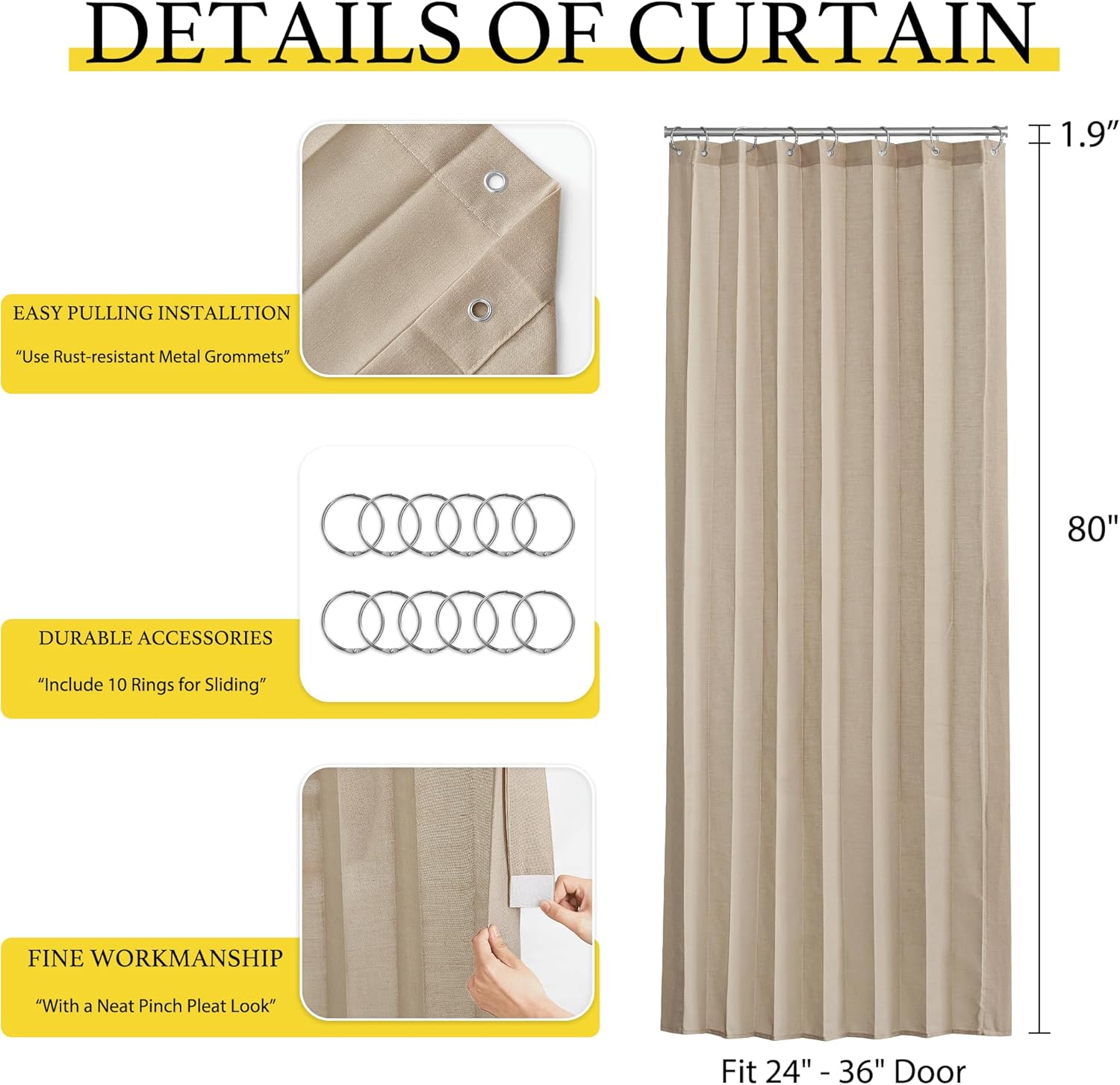 NICETOWN 80 Inch Long Blackout Curtains for Bedroom, Light Filtering Linen Sheer Curtains for Closet, Doorway Curtains for Room Divider Sliding Door Drapes for Living Room, 1 Panel, Taupe, 50" Wide