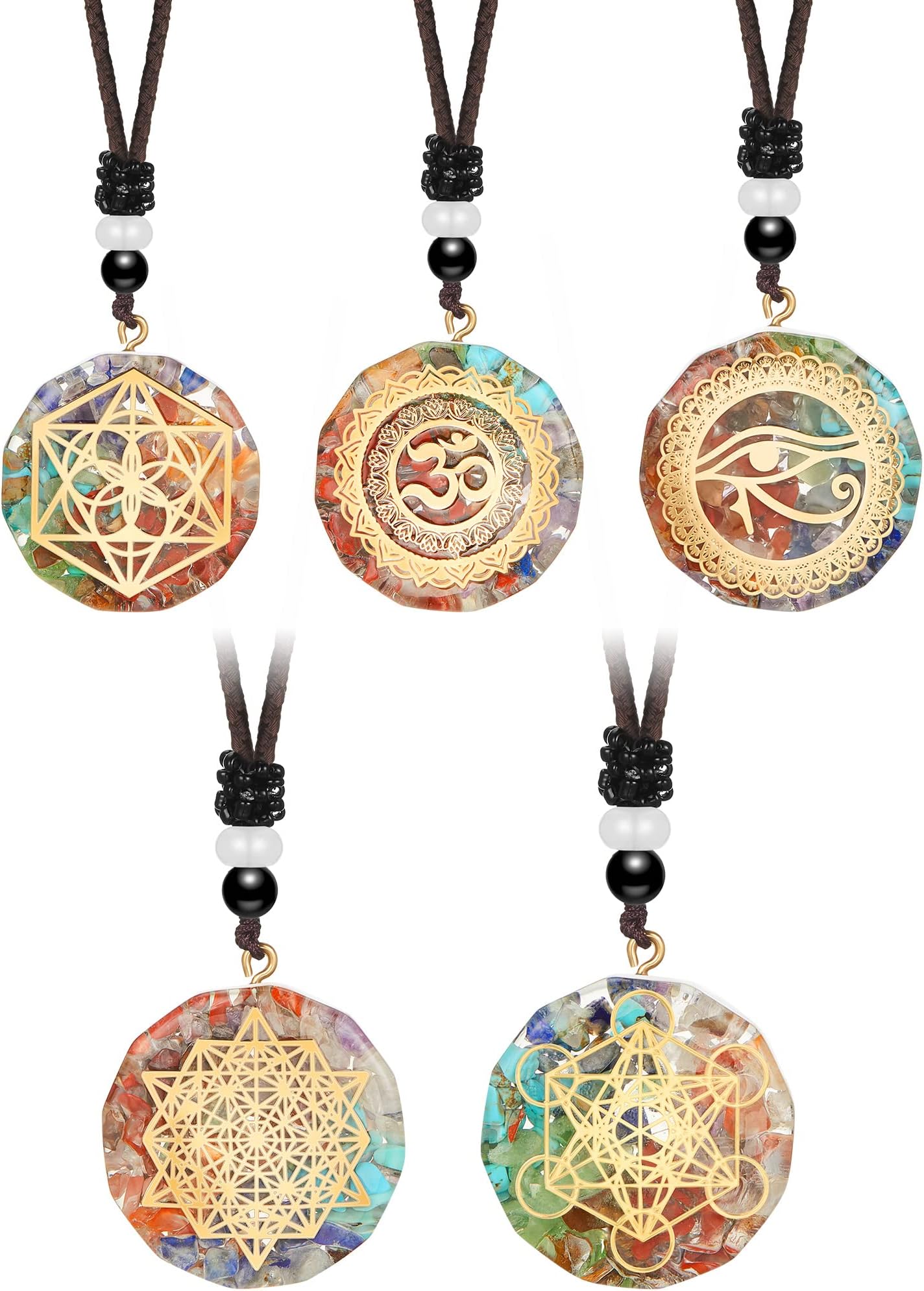 MTLEE 5-Piece Chakra Necklace Set: Orgonite Crystal Pendants, Healing Energy, Unisex-Adults, Elegant, 1.38 Inches