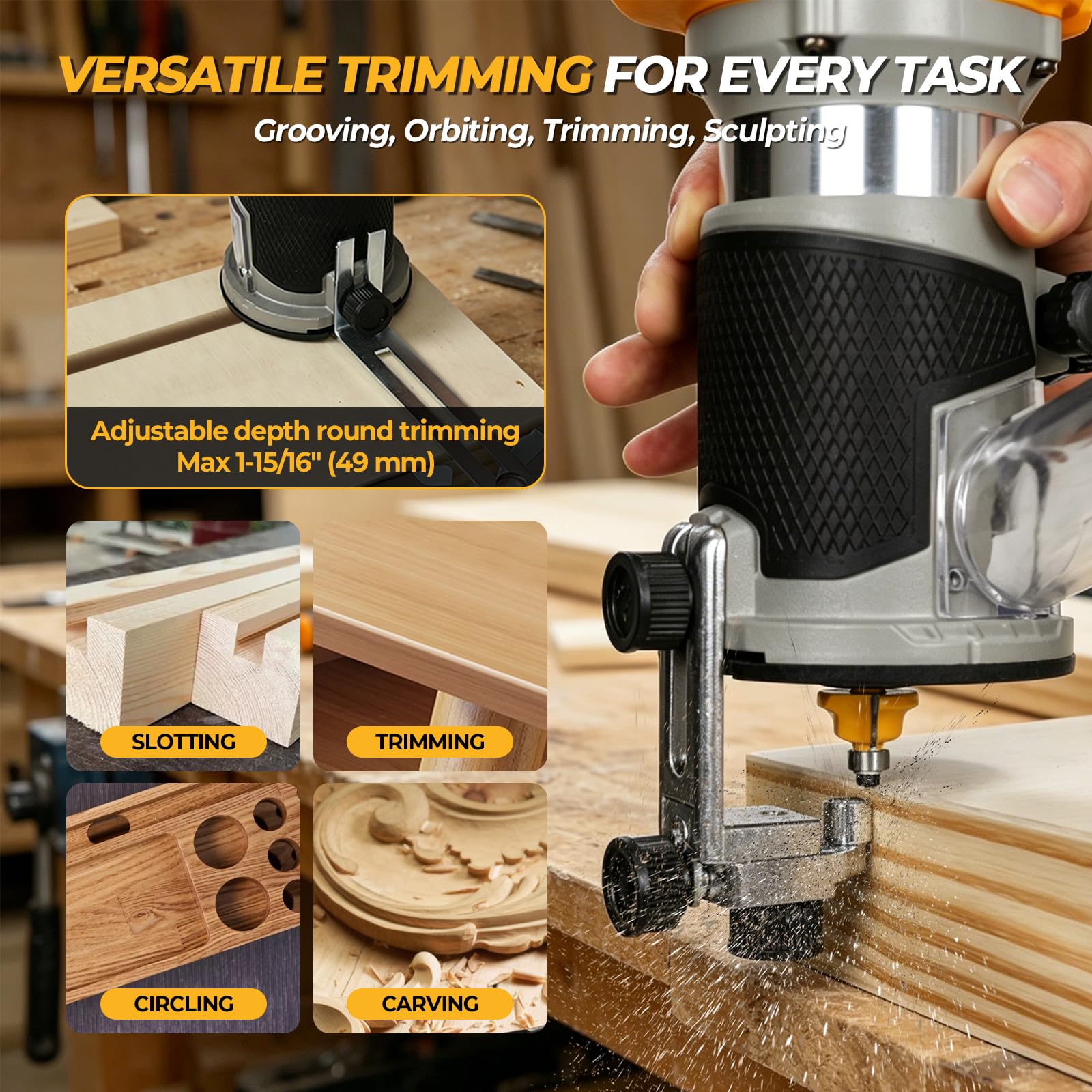 Enrutador de madera inalámbrico para batería Dewalt de 18 V y 20 V, 1100 W, 30000 rpm, recortadora de madera sin escobillas, con 6 velocidades, pantalla LCD, 15 brocas de enrutador de 1/4 pulgadas