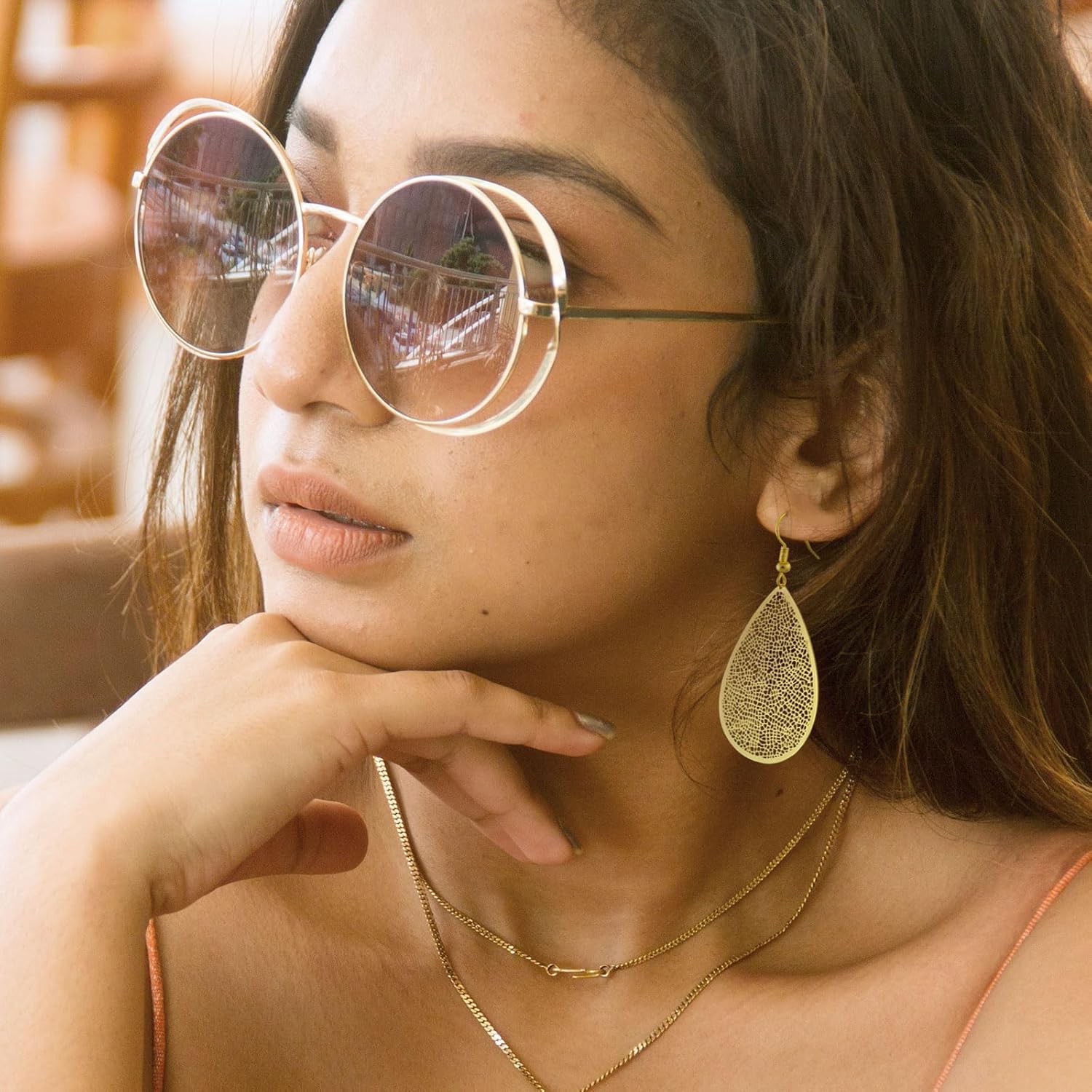 Teardrop Earrings Gold Leaf Earrings Boho Earrings Lightweight Filigree Earrings Big Gold Dangle Earrings for Women Trendy - Image 3