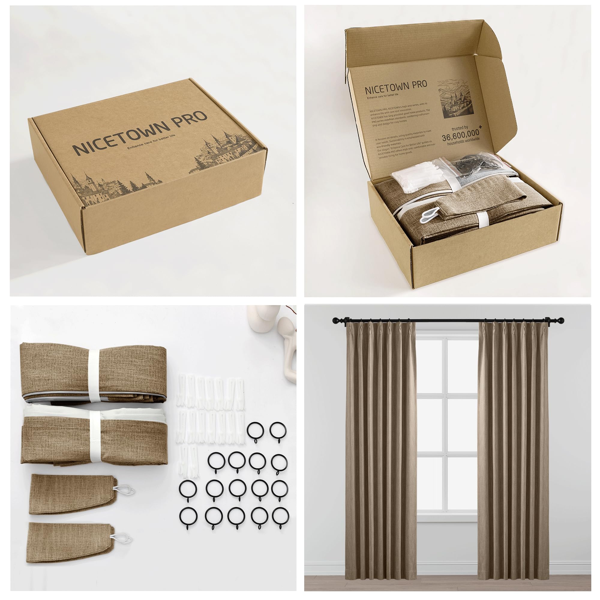 NICETOWN PRO 100% Full Blackout Faux Linen Back Tab Curtains for Bedroom, Camel 40x90 6cm High Temperature Pleated Drapes, Thermal Insulated & Energy Efficient,2 Panels Room Darkening Window Treatment