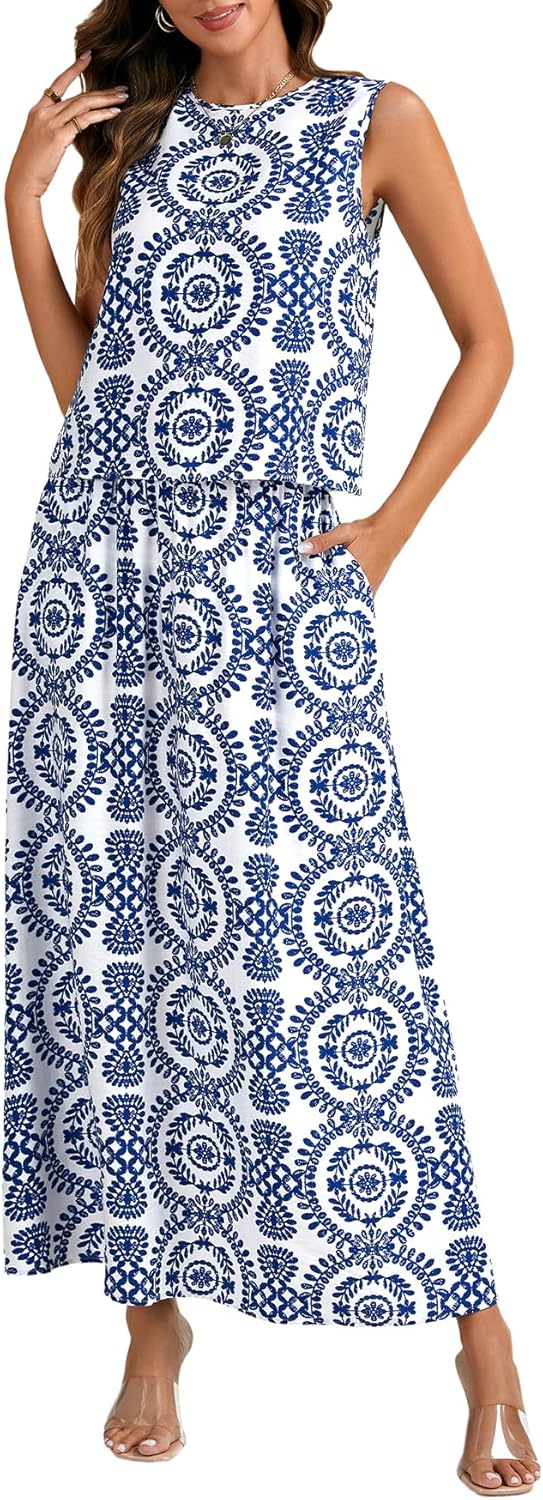 Rooscier Women's Floral Print 2 Piece Outfits Sleeveless Tank Top and A Line Long Skirt Sets Suit - Image 4