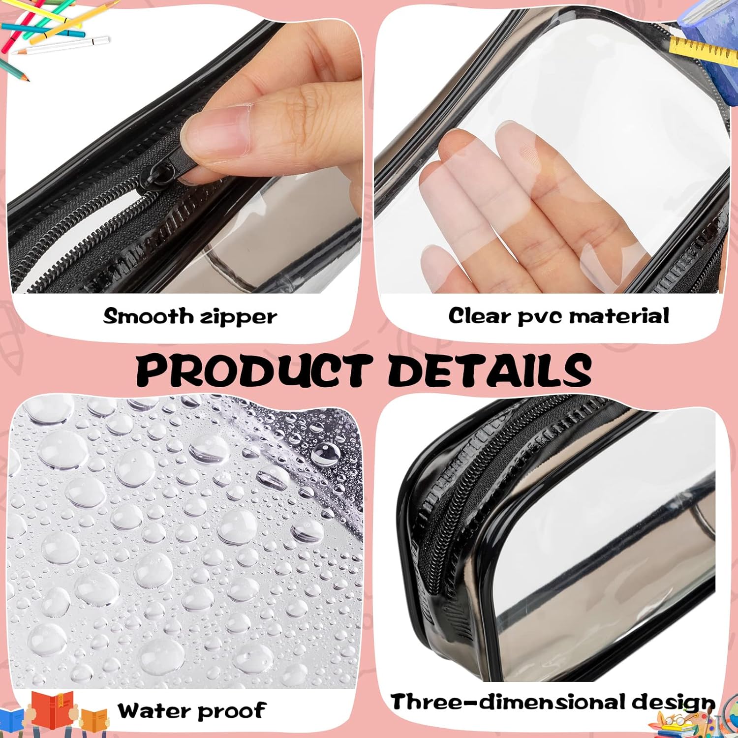 Fainne 50 Pcs Clear Pencil Pouch Bulk Clear Pencil Case Bag 7.87x 1.38 Inch PVC Waterproof Travel Toiletry Makeup Zipper Pouches for Office Stationery Travel Storage(Black, White)
