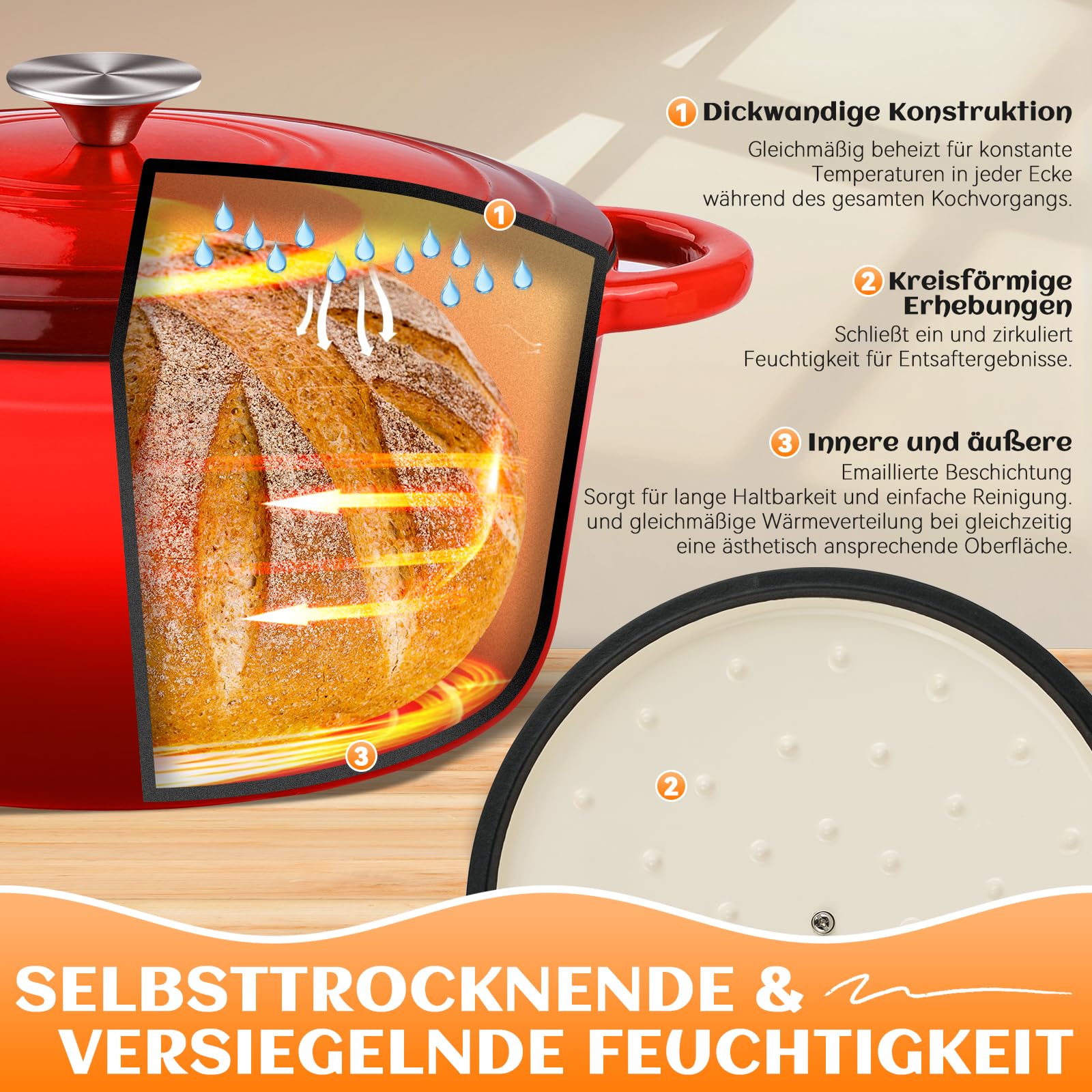 NZQXJXZ Gusseisen Topf Brot Backen, 26cm Emaille Schmortopf mit Deckel Brotbackform mit Banneton Brot Gärkorb Sauerteig Brotbacken Zubehör, 2-in-1 Brotbacktopf mit Pfanne Deckel Kochen Pan