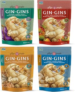 GIN GINS Ginger Chews – Natural Fresh Ginger Candy by The Ginger People – Individually Wrapped Healthy Candy – Original, Apple, Peanut and Turmeric Flavors – Variety Pack – 4 x 3oz bag each flavor (Pack of 4 bags)