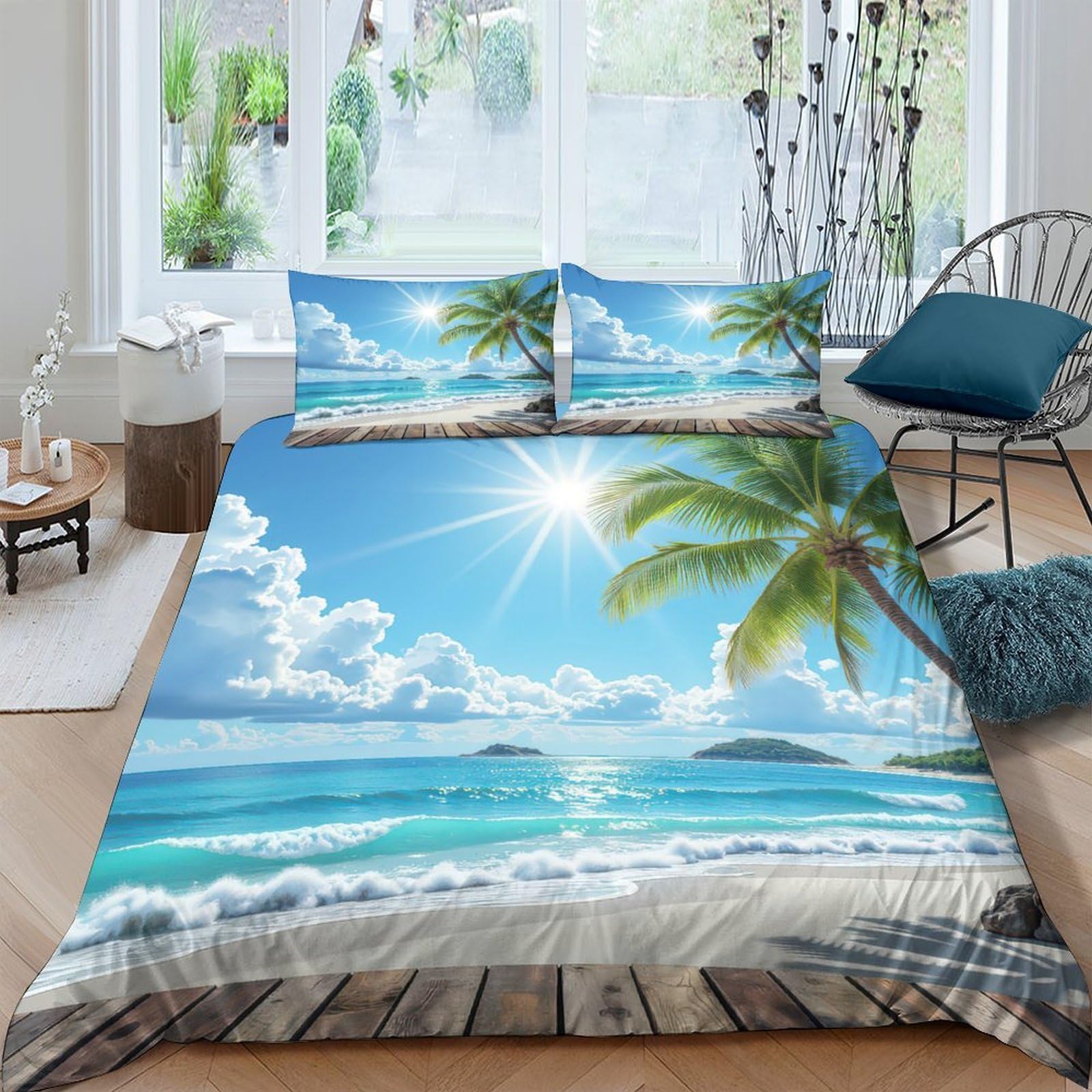 Ctjqhvkz Style-3 3D Printed Tropical Beach Fitted Sheet Microfiber Soft Palm Ocean Mattress Cover For Bedroom Guest Room Decor Single（135X200cm）