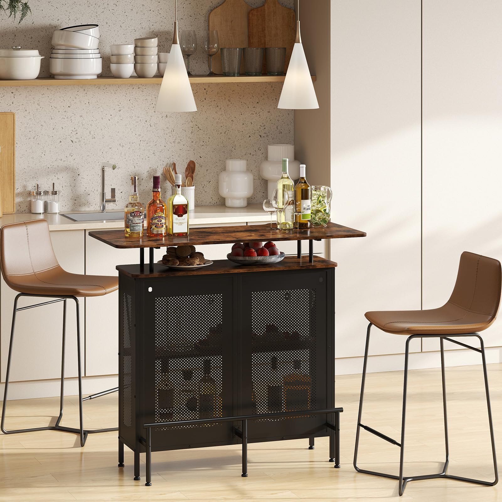 KOMFOTTEU Table de Bar avec 1 Étagère surélevée et 6 Porte-gobelets, Table à Vin à 4 Niveaux, Tables pour Boire Cuisine, Repose-Pieds, Style Industrielle, noir, 120 x 50 x 106,5 cm (Rectangulaire 2.0)