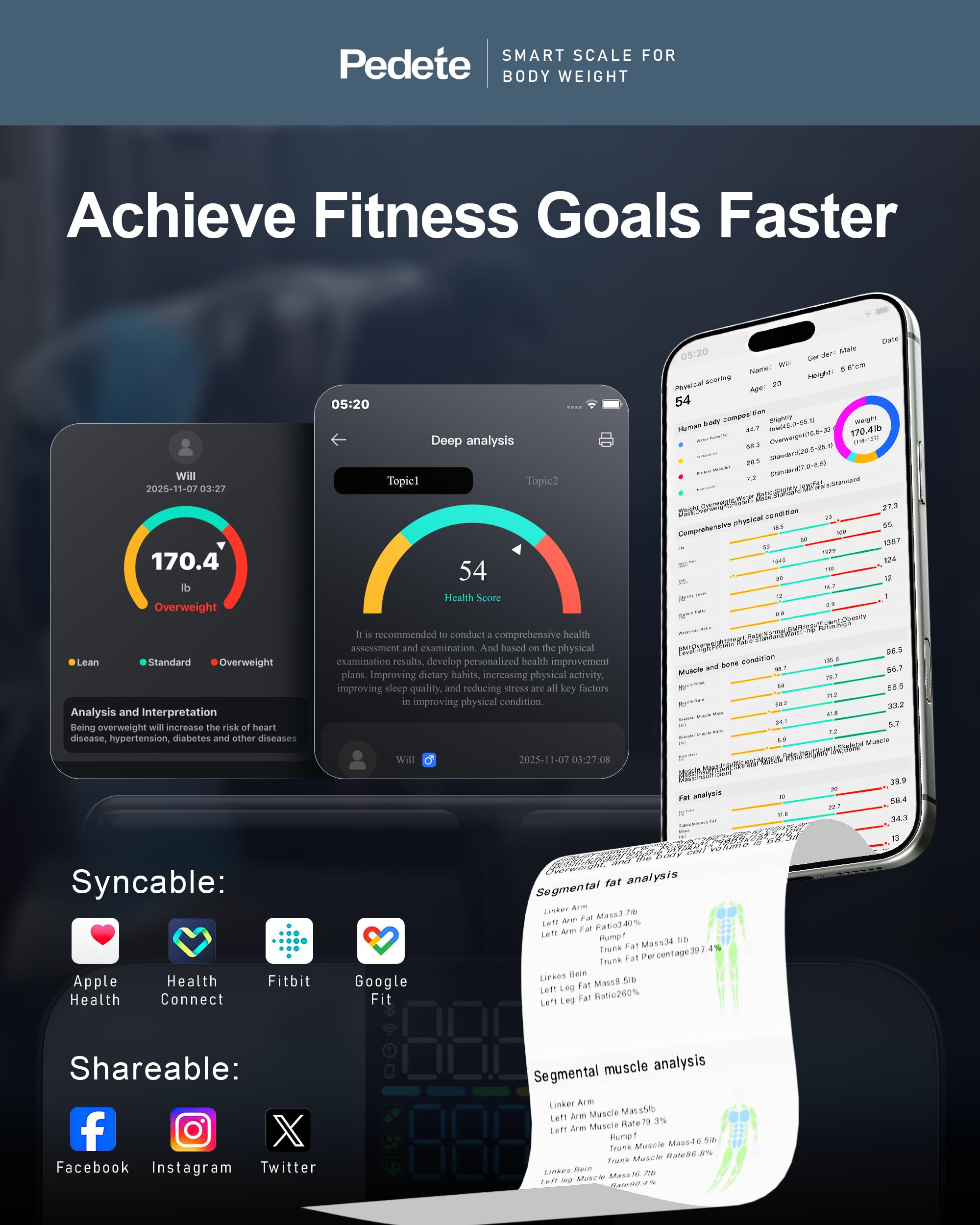 Körperfettwaage Smart Waage Personen,digitale Personenwaage mit 8 Elektroden,Digitale Waage mit Körperfett,Körperwaage Digital Bluetooth, für Protein, BMI und 28 körperanalysewaage. (180kg)