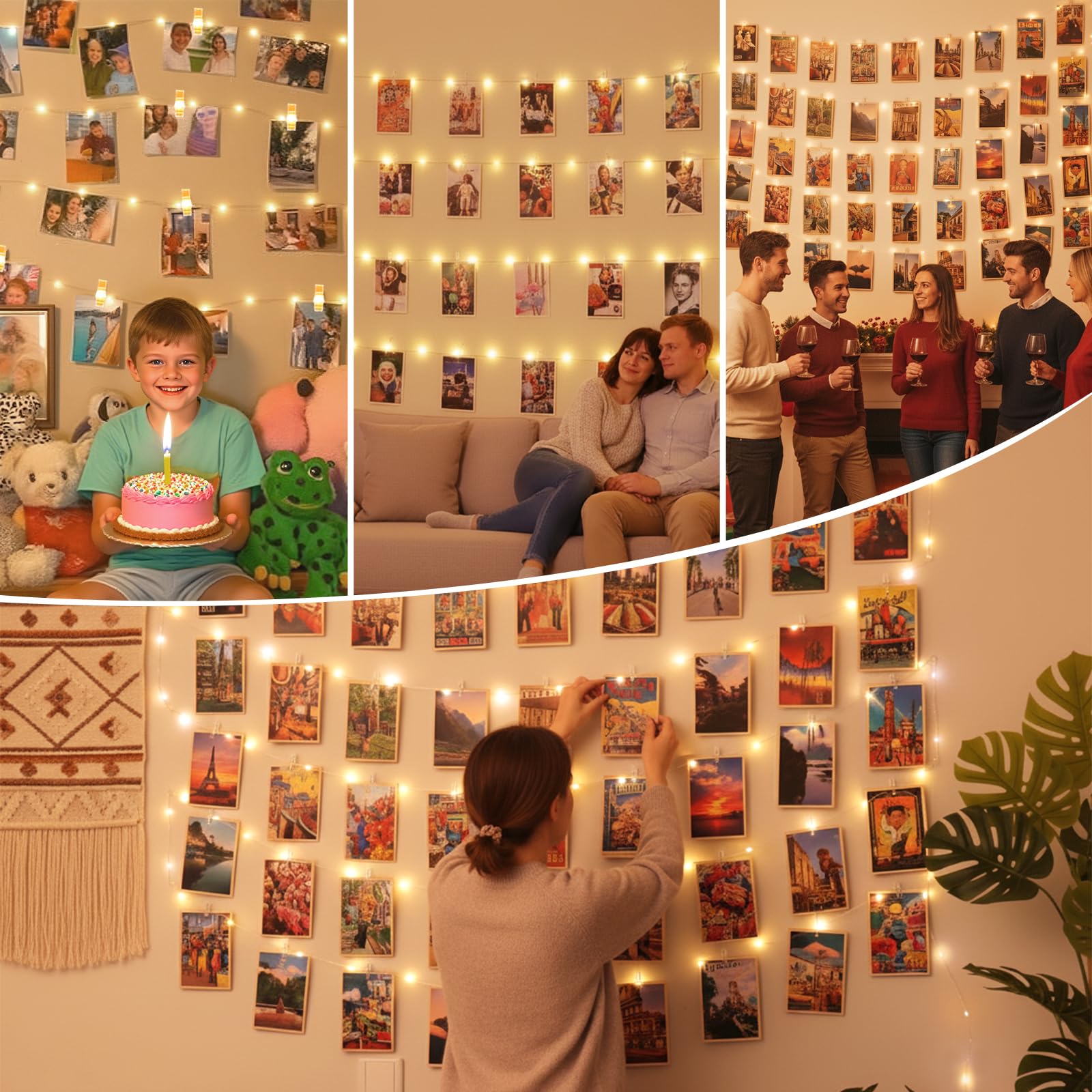 Lakumu Wiederaufladbare Foto-Clip-Lichterkette, 100 LEDs, batteriebetriebene Lichter mit 60 transparenten Clips, 8 Modi und Timer, funkelnde Lichter für Schlafzimmer, Schlafsaal, Wand, Hochzeit