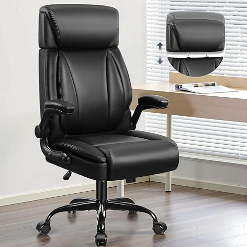 Silla de oficina, silla de escritorio ergonómica con brazos abatibles acolchados y reposacabezas ajustables, cómoda silla ejecutiva de piel Negro