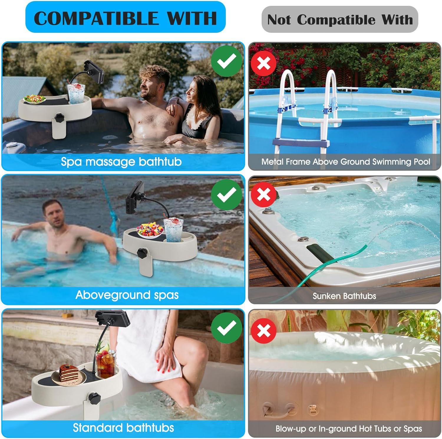 Hot Tub Table Tray with Adjustable Phone Holder, Nonslip Bathtub Table Tray Between 2.4-7.4" Hot Tub Accessories for Adults with 2 Cup Holders, Clip-on Pool Side Table for Above Ground Bathtub (Beige)