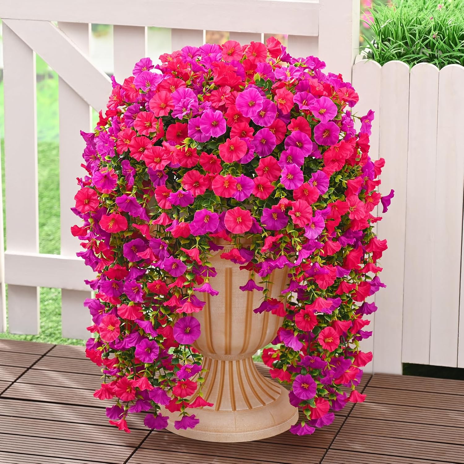 Dolicer 4 Packs Look Real Artificial Flowers for Outdoors, Fake Artificial Hanging Flowers for Outdoors Realistic UV Resistant Faux Hanging Flowers Silk Petunia for Porch Patio (Fuchsia+Rose Red)