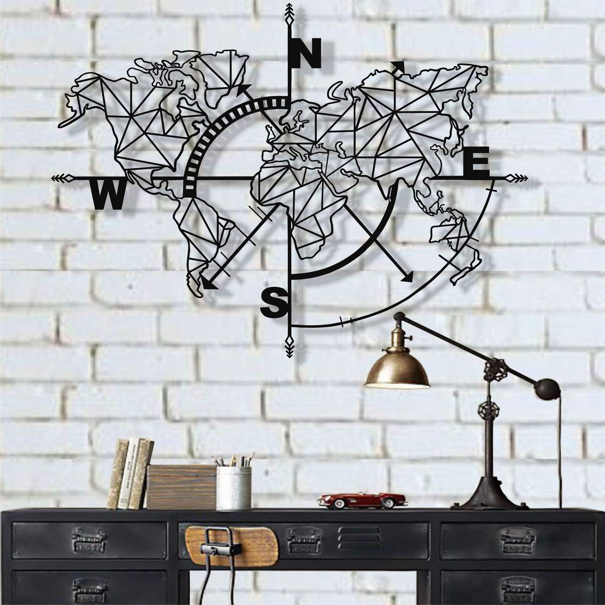 DEKADRON Metal World Map Wall Art, Geometric Compass Decor, Home Living Room Office Decoration (39" L x 30" W, Black)