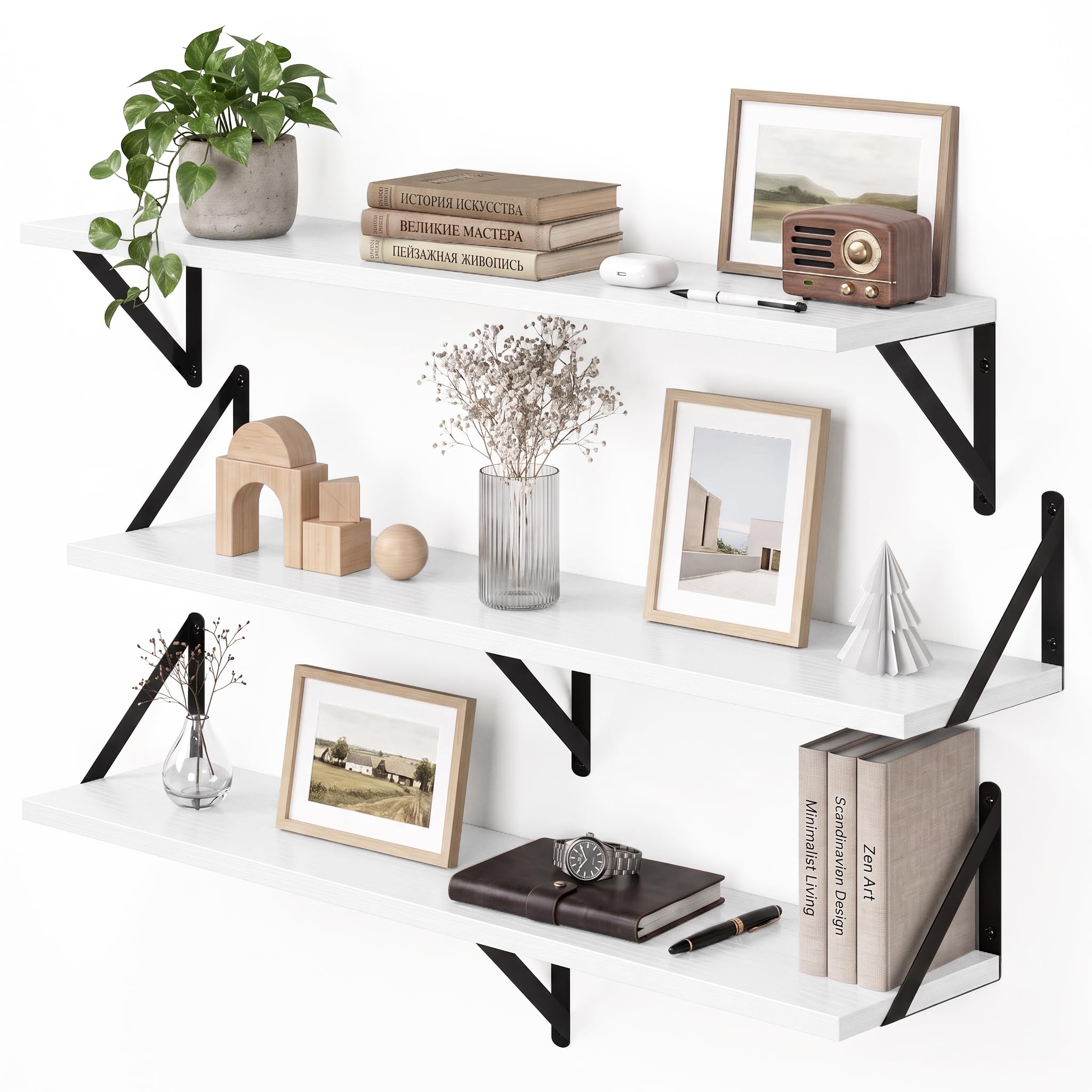 Fun Memories Deep Floating Shelves for Wall, 90 x 20 cm Wall Mounted Shelves Set of 3, Wide Display Ledge Shelf with Sturdy Metal Brackets for Bathroom, Bedroom and Kitchen, White