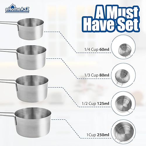 Miniatura 3 de EHOMEA2Z Juego de tazas medidoras de acero inoxidable, 4 piezas de metal para utensilios de cocina líquidos secos (1, juego de 4 piezas)