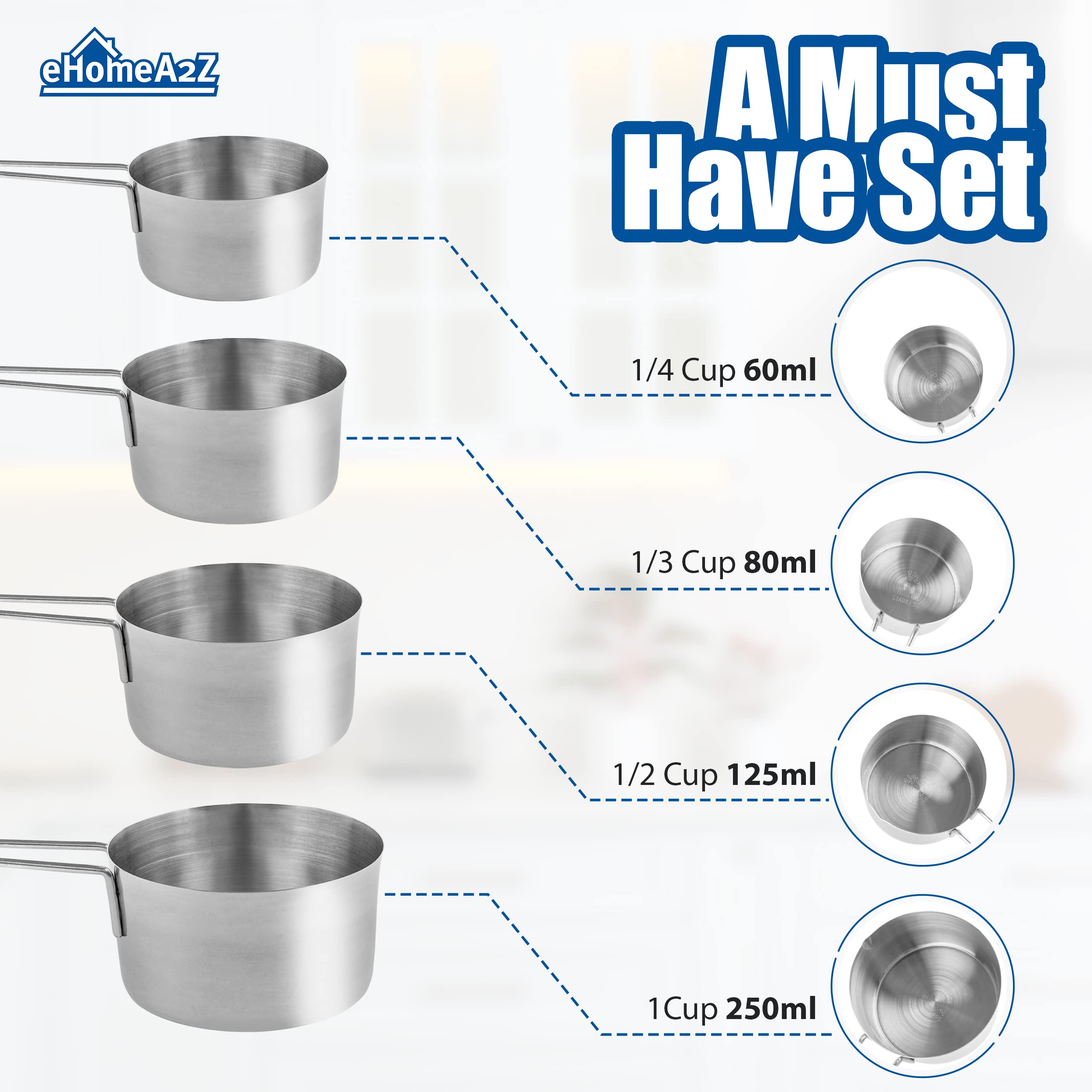 Juego de 4 tazas medidoras de acero inoxidable, 4 piezas de metal para utensilios de cocina líquidos secos (1 juego de 4 piezas)