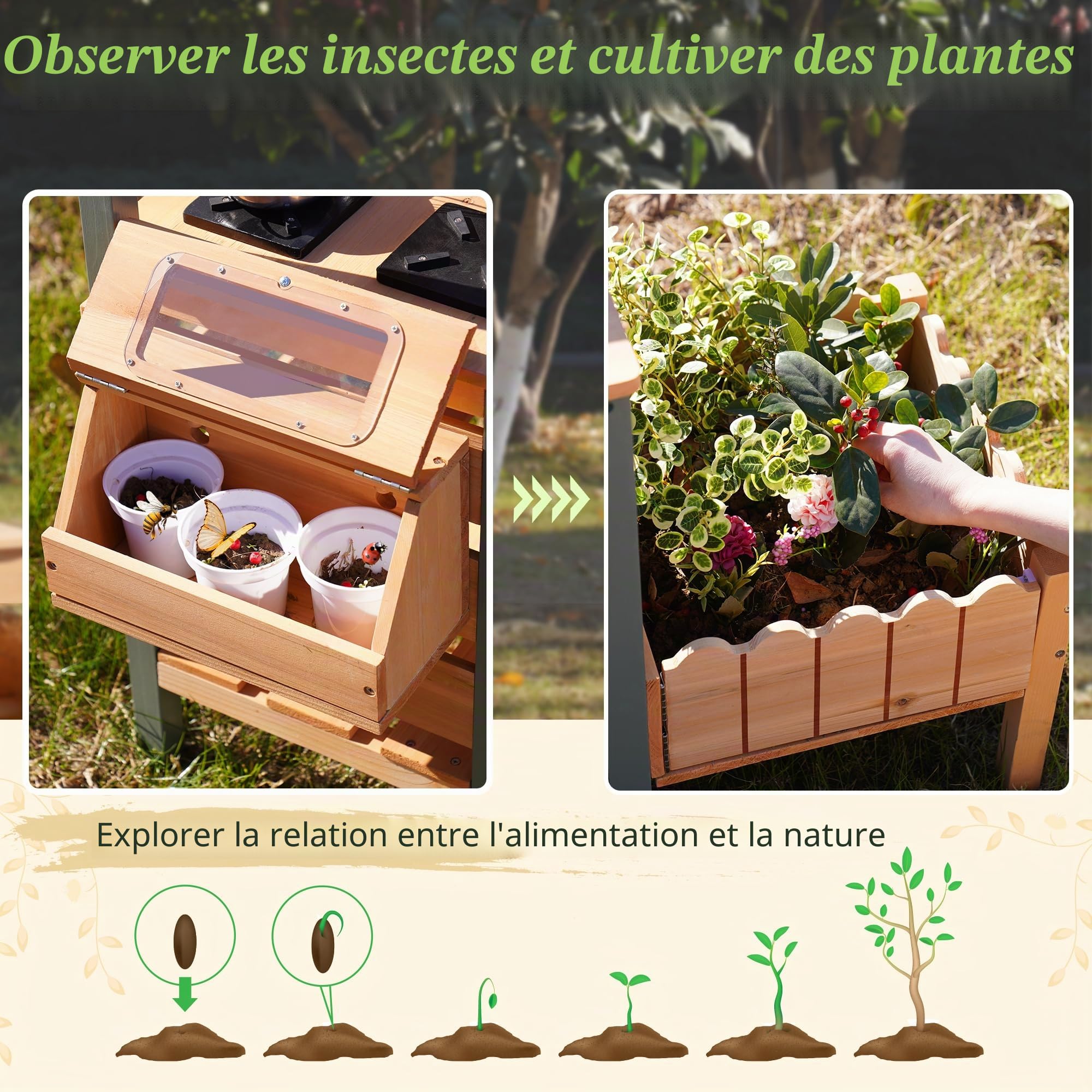 ROBUD Cuisine boueuse pour enfants, cuisine de jeu en bois avec robinet, jardinière, étagères de rangement, bois naturel