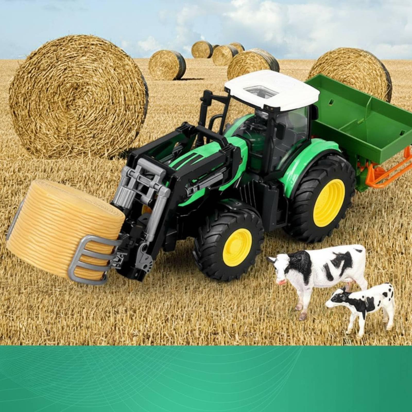 Gralara Tractor Teledirigido Infantil Vehículo Agrícola Camión Granja Remolque con Brazo Frontal y Funciones y Marcha Atrás para Tareas de Granja Simuladas, Verde