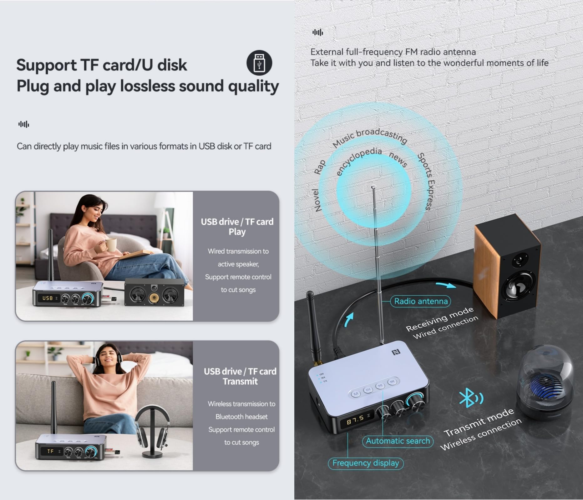 NFC 5.1 Bluetooth Audio Adaptador Bluetooth Receptor Transmisor, with 3.5mm AUX, RCA, 6.5mm Conexión de Micrófono, Radio FM para Auriculares,Altavoces,TVs,Amplificadores,Home Stereos,PCs