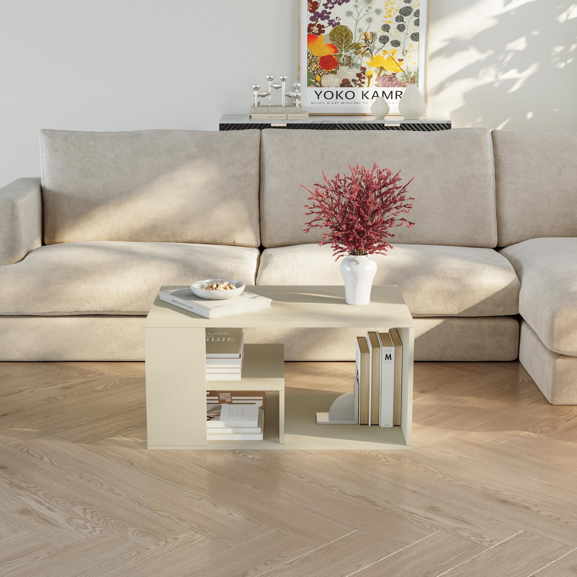[en.casa] Couchtisch Antaa Wohnzimmertisch 80 x 50 x 40 cm Sofatisch mit Stauraum Beistelltisch rechteckig Kaffeetisch Sandfarben