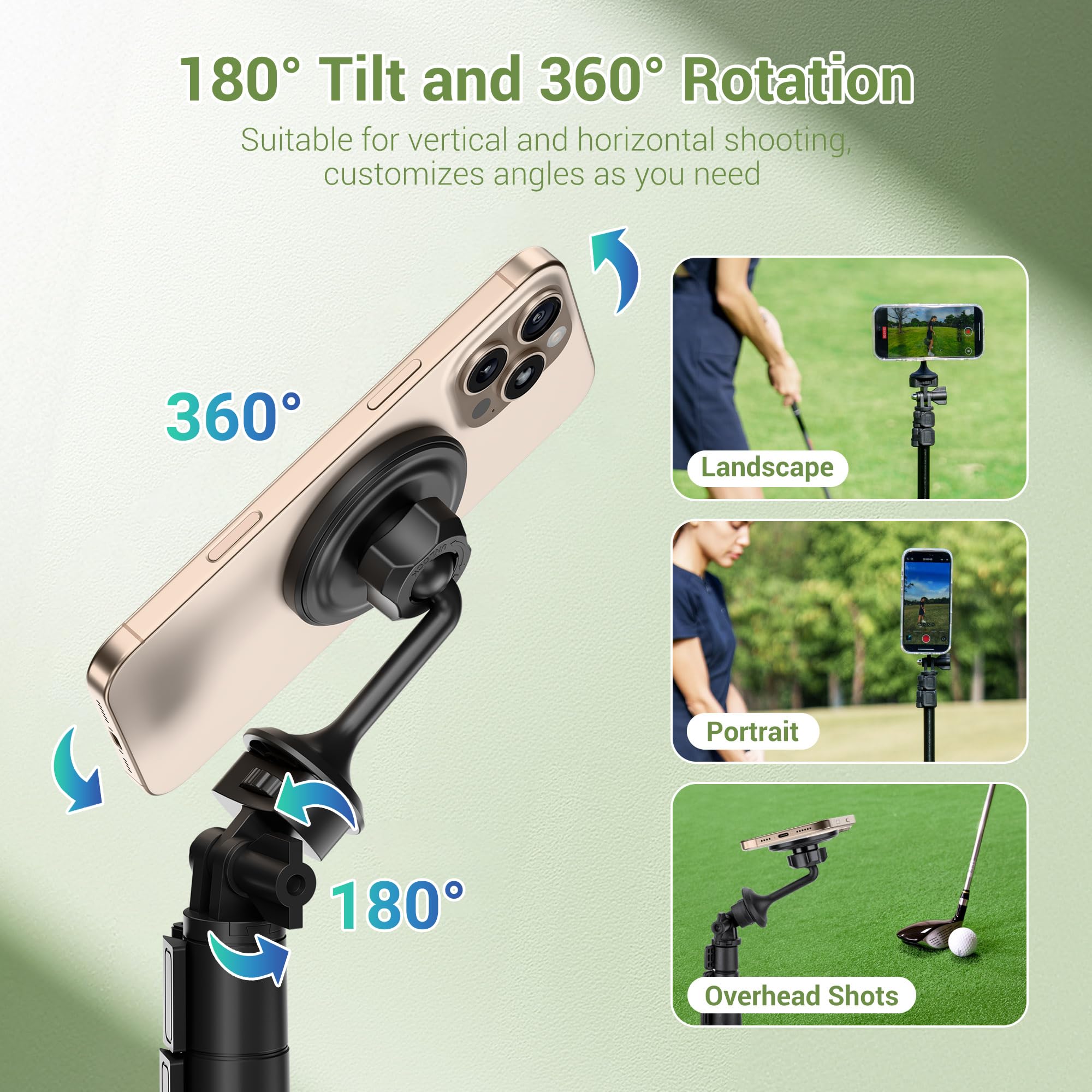 JJC 61” Magnetico Monopiede Golf Selfie Stick Treppiede con Picchetti di Terra, Telefono Titolare Alluminio Estensibile Treppiede, Telefono Stand per iPhone 16 15 14 Android Telecamere D'azione