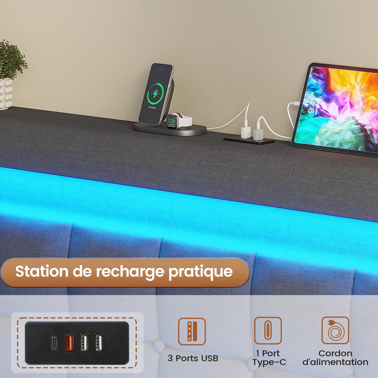 AOGLLATI Lit Coffre 140×190 cm avec LED et Ports USB, Lit Double Rembourré avec Rangement hydraulique, tête de lit réglable en Hauteur, Sommier à Lattes, Facile à Assembler, Gris Foncé（sans Matela）