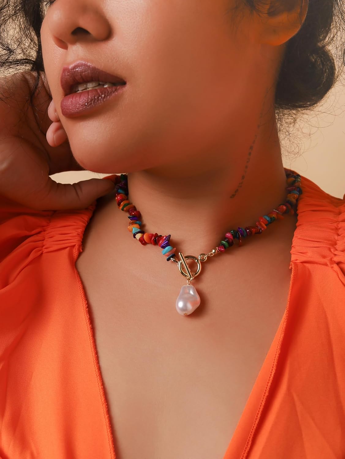 MINACHI Bohemian Colorful Gravel Beads Necklace, Irregular Imitation-Pearl Pendant, Summer Beach Vibe Jewelry for Women - Image 4